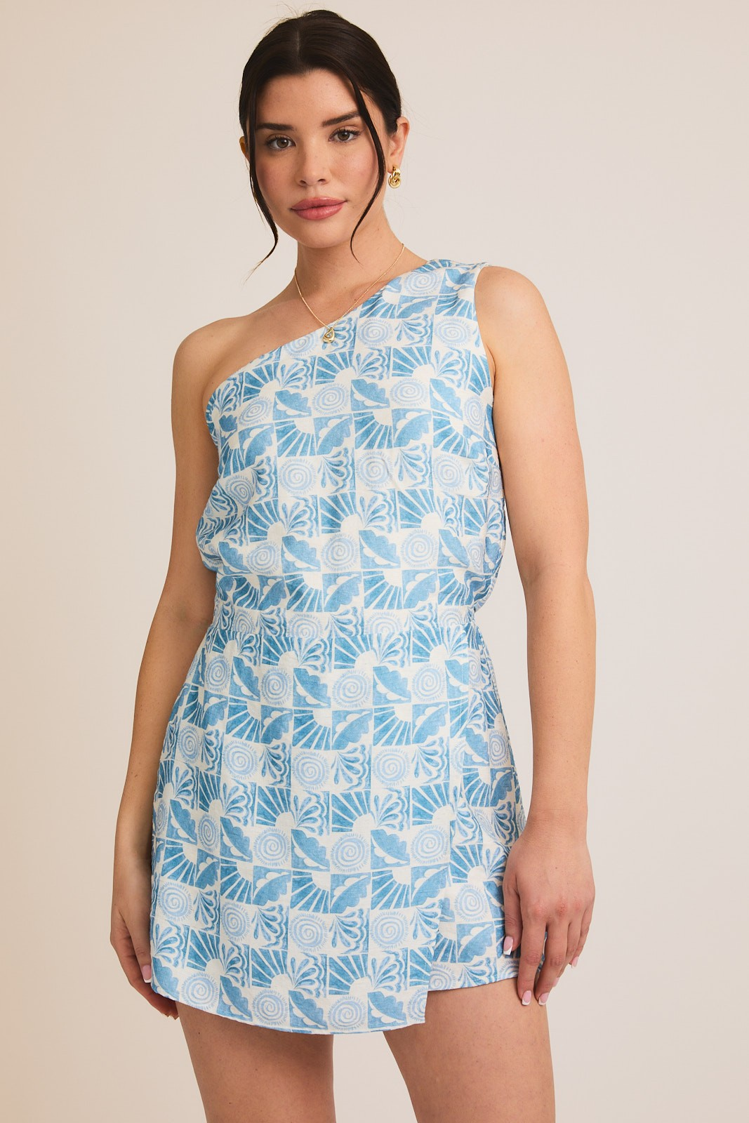 One Shoulder Abstract Print Romper