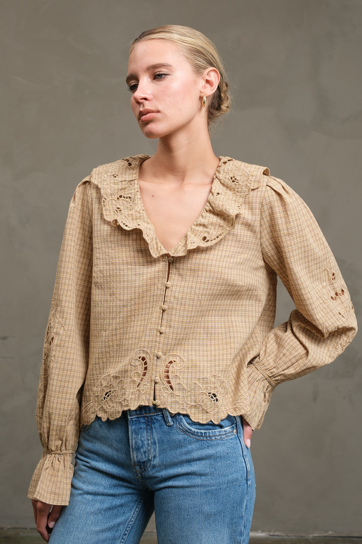 Ruffle Embroidered Checked Blouse