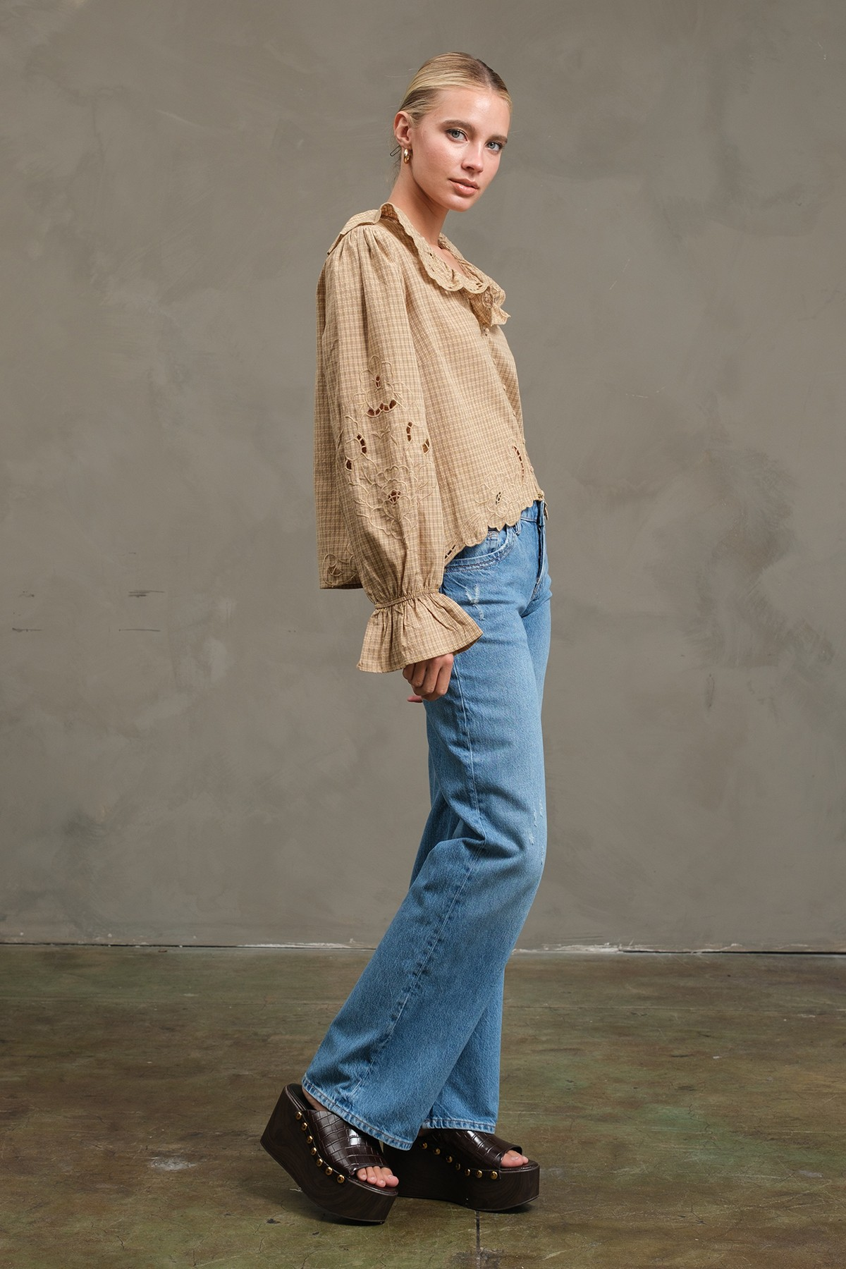 Ruffle Embroidered Checked Blouse