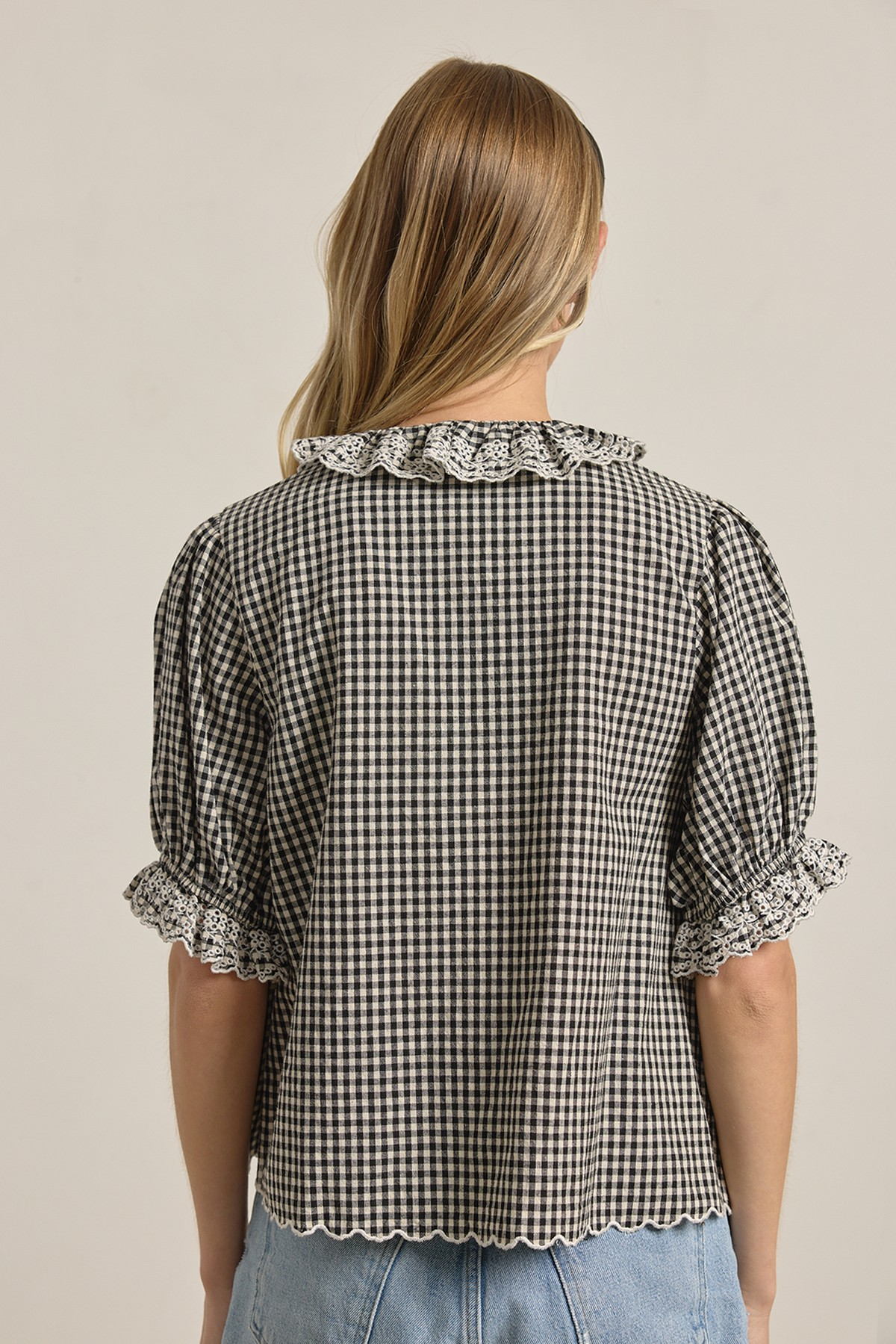Gingham Lace Ruffle Blouse