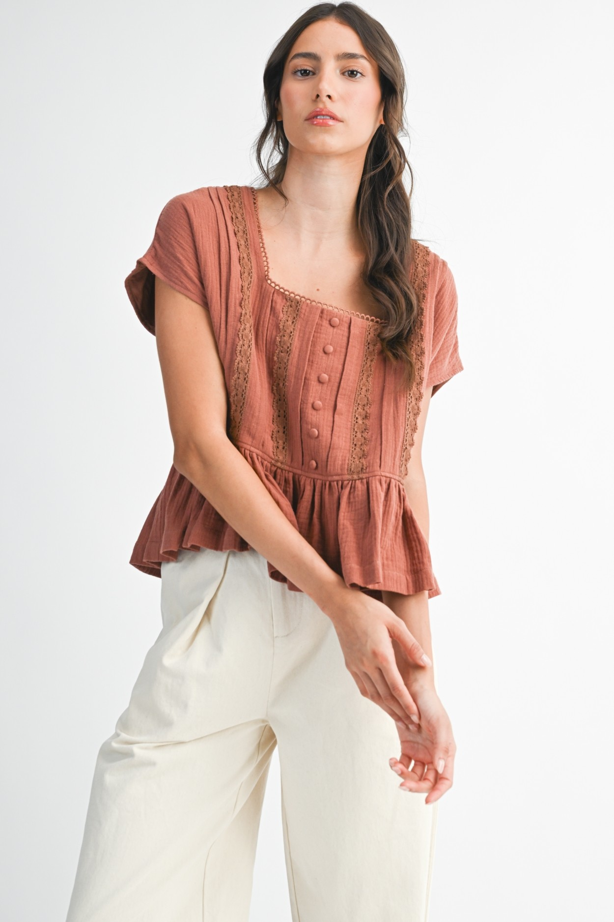 Celia Ruffled Lace-Trim Blouse