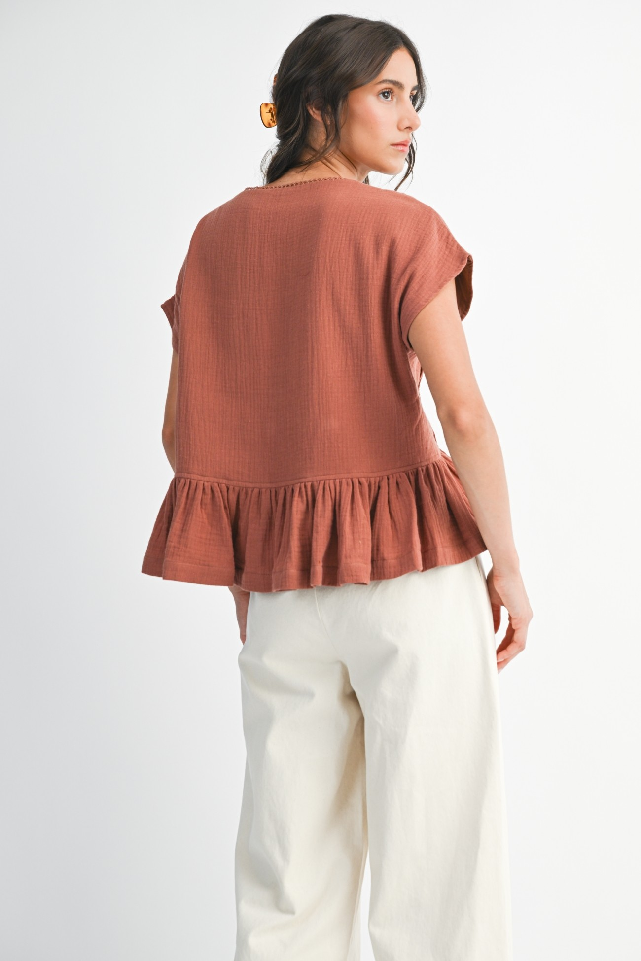 Celia Ruffled Lace-Trim Blouse