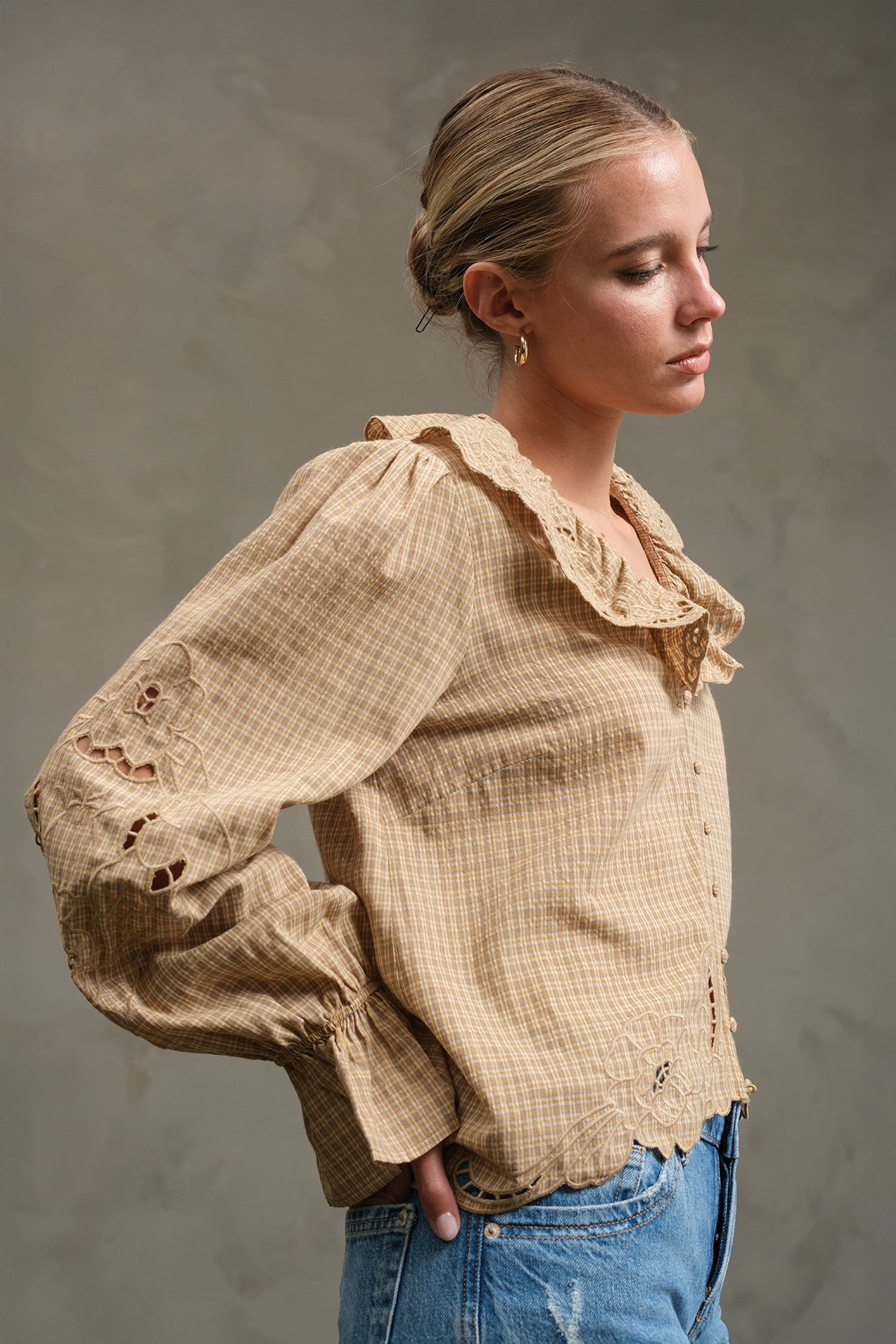 Ruffle Embroidered Checked Blouse