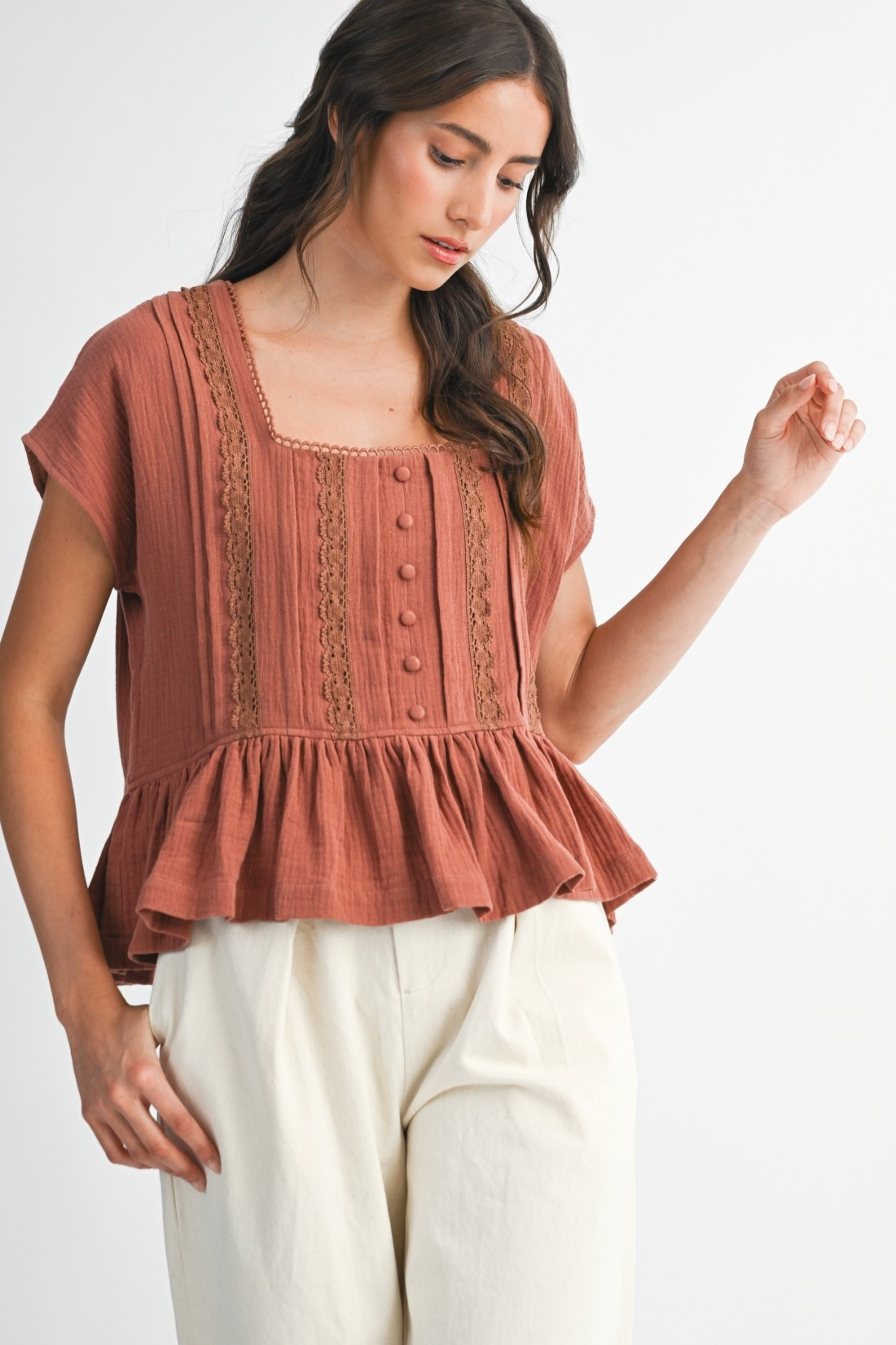 Celia Ruffled Lace-Trim Blouse