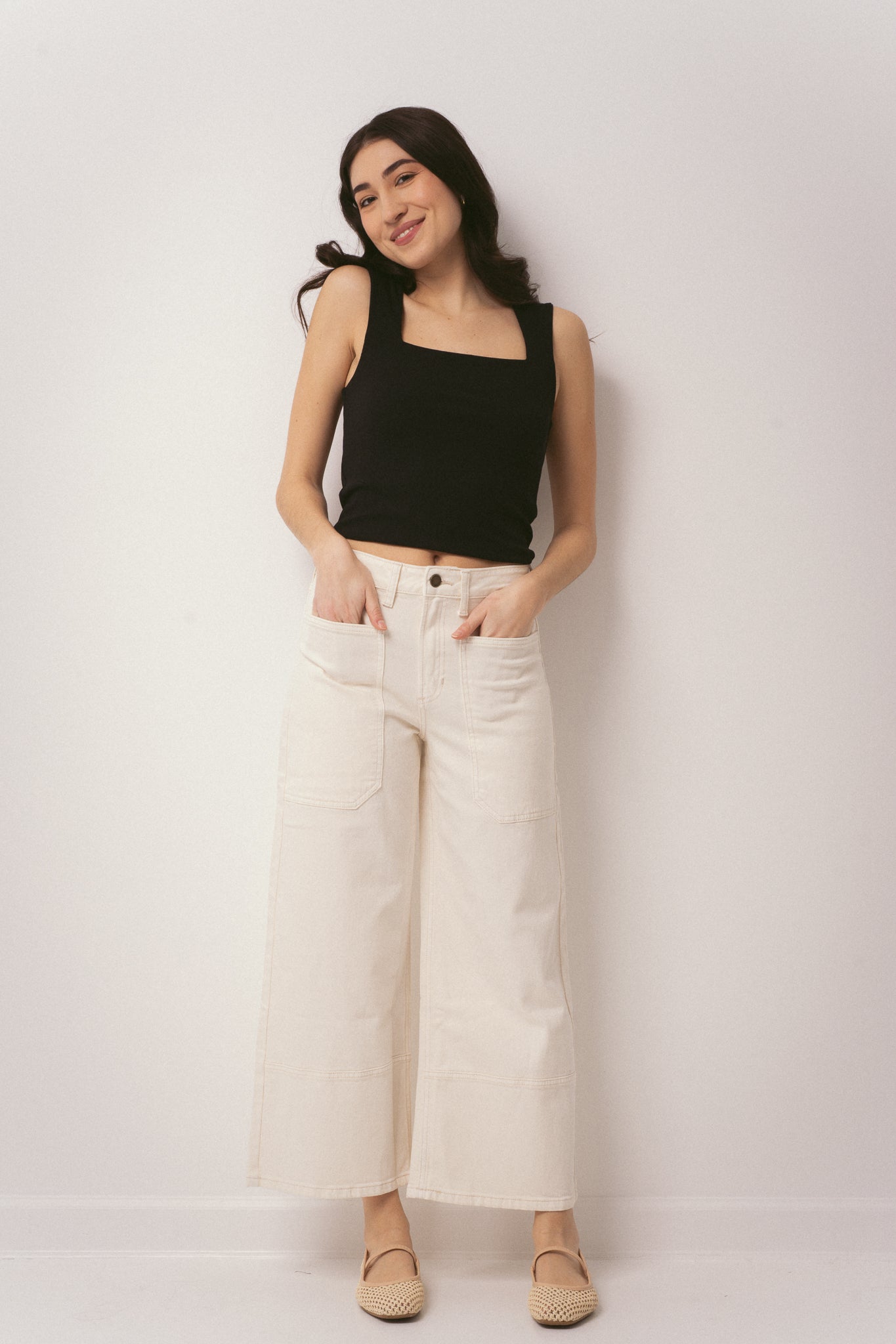 Cream Wide Leg Cropped Jeans