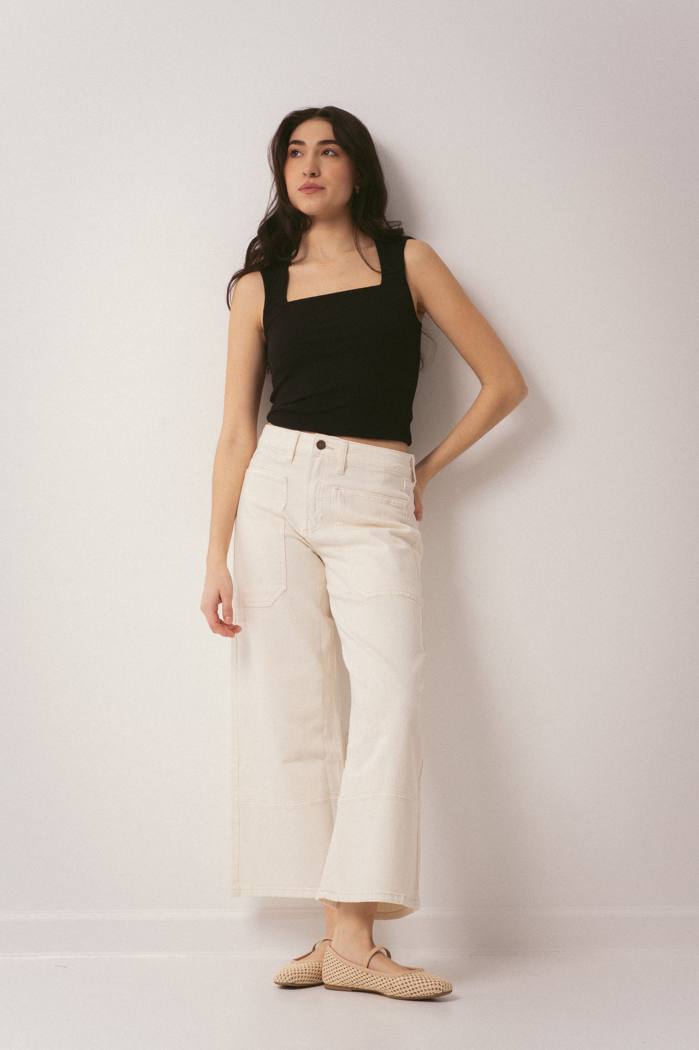Cream Wide Leg Cropped Jeans