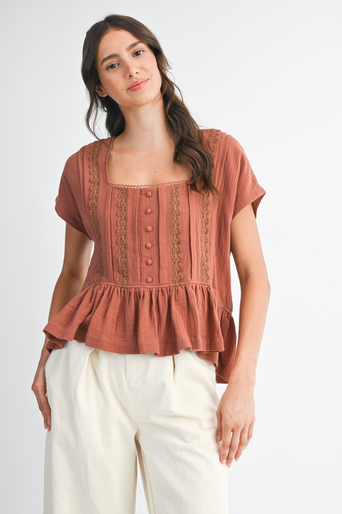 Celia Ruffled Lace-Trim Blouse