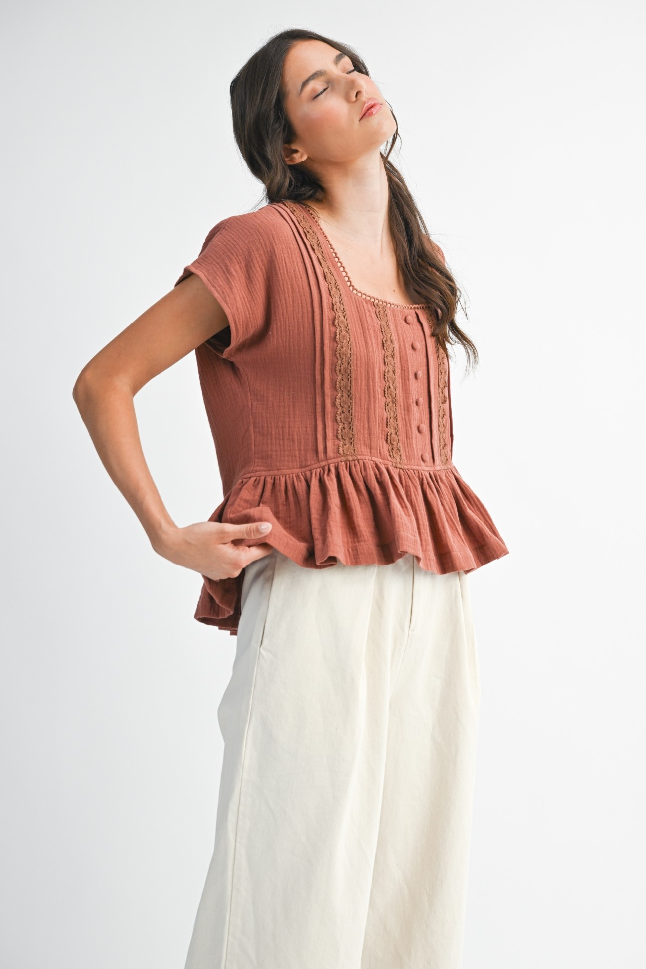 Celia Ruffled Lace-Trim Blouse