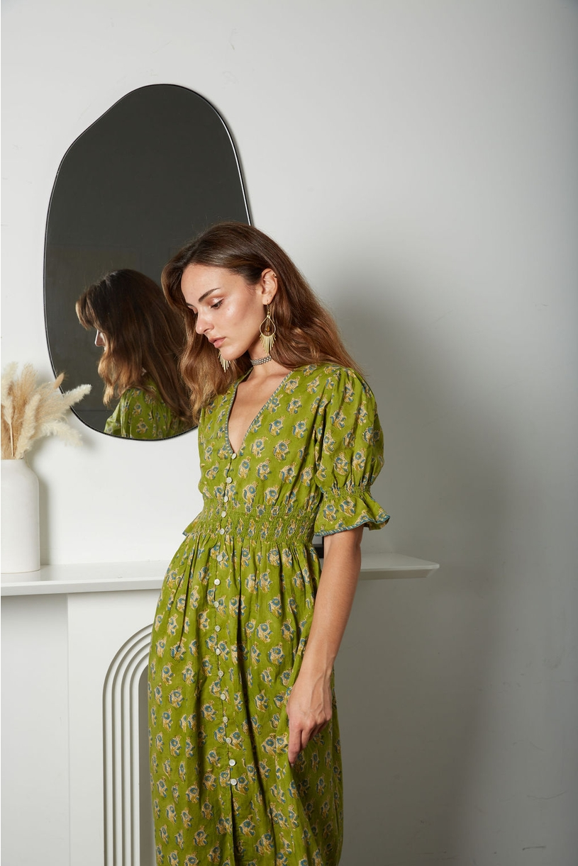Hand Block Olive Printed Dress