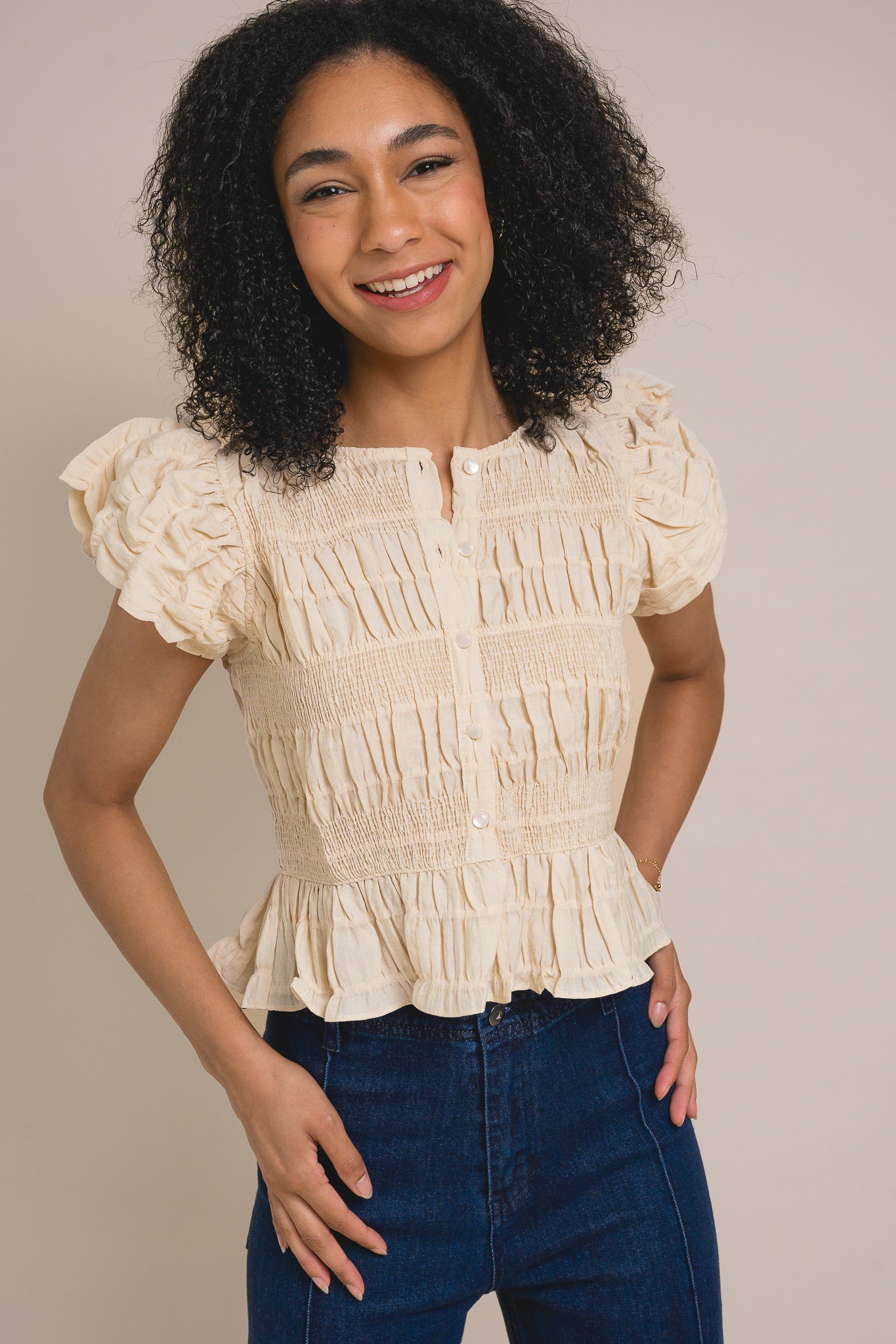 Textured Button Front Blouse Top