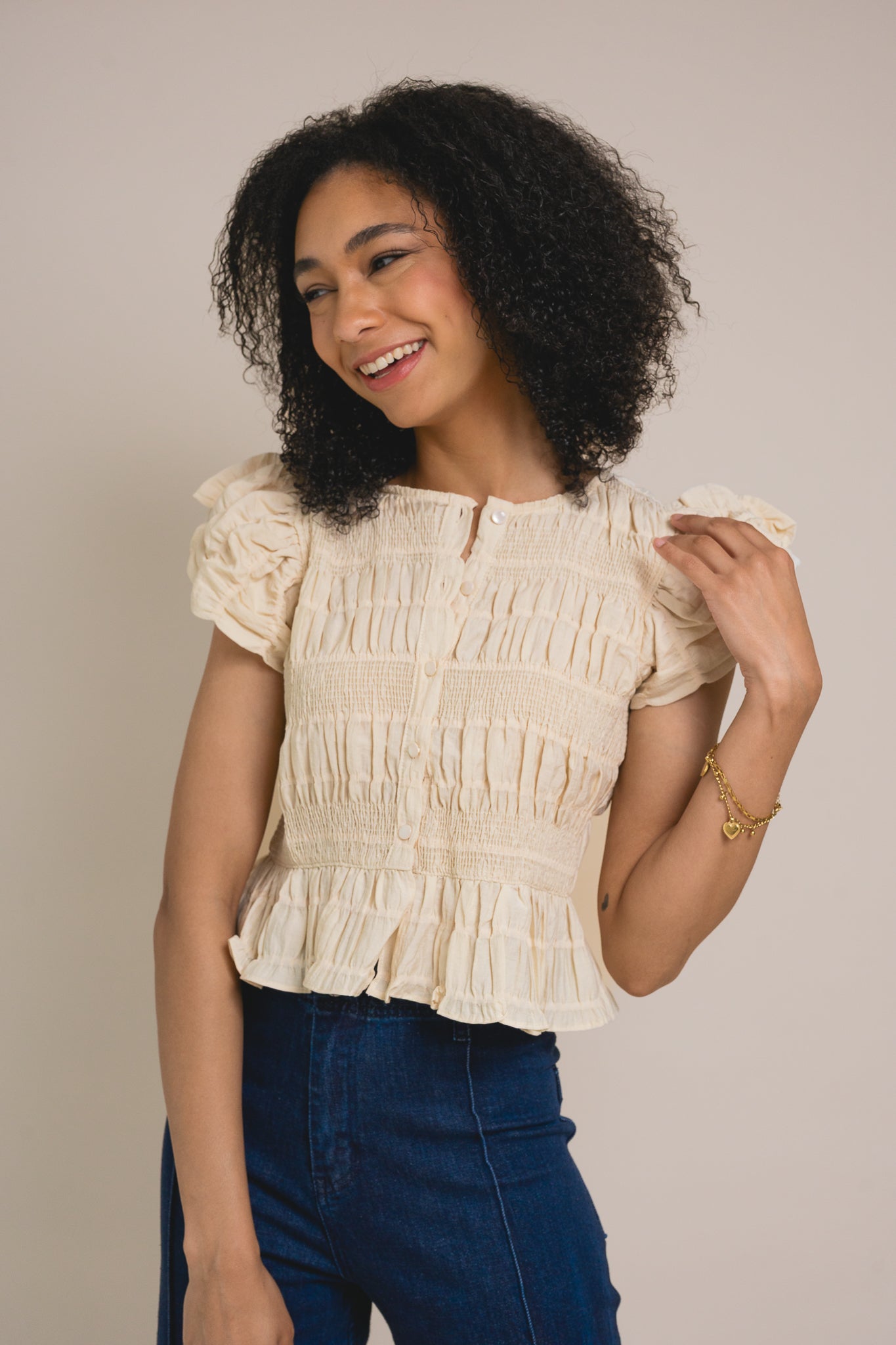 Textured Button Front Blouse Top