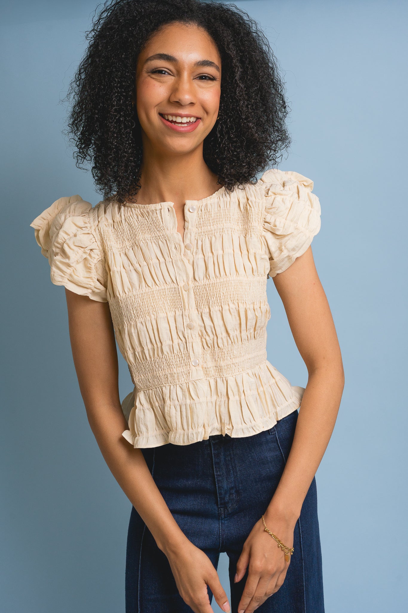 Textured Button Front Blouse Top