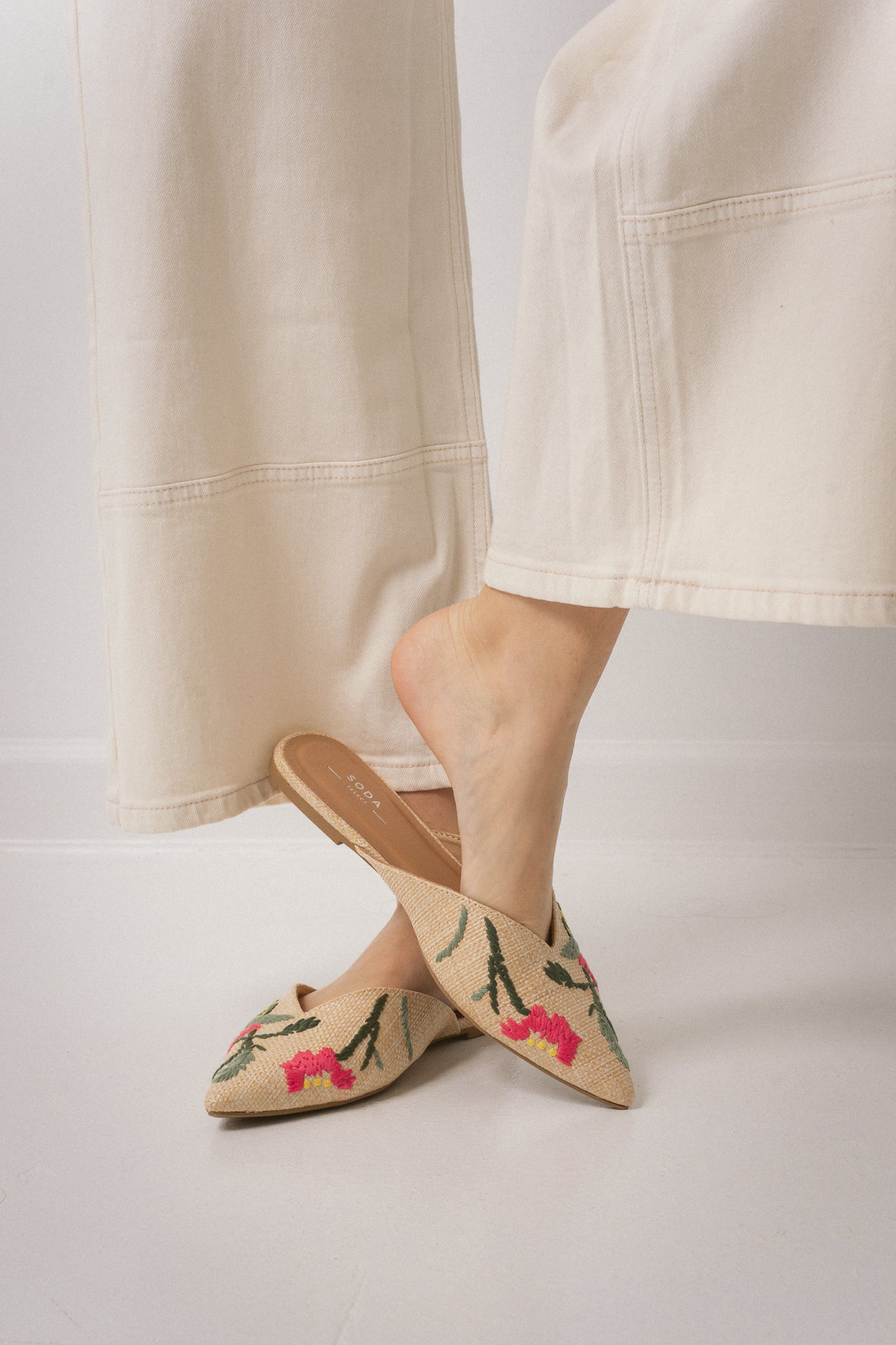 Embroidered Raffia Mules