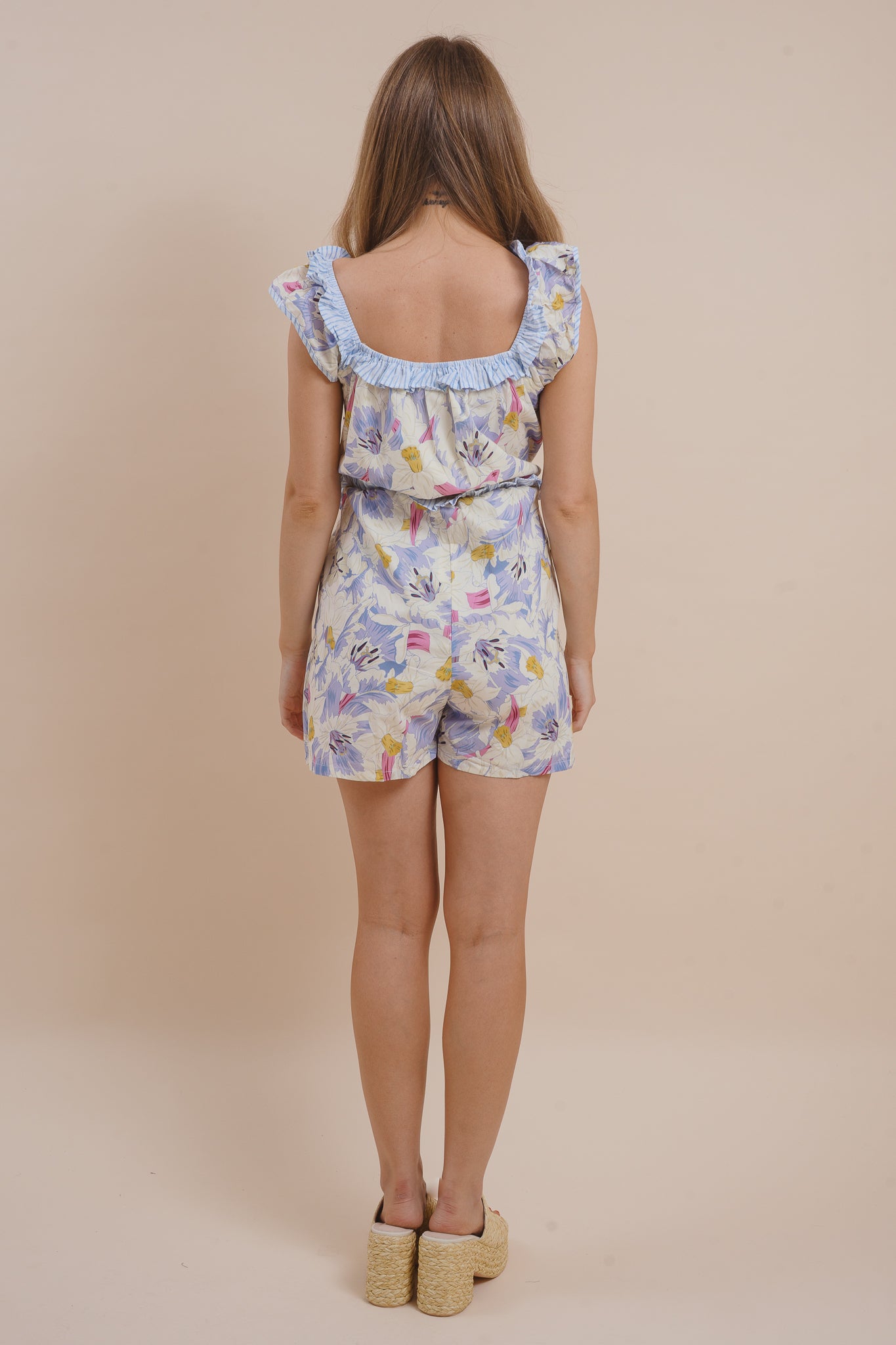 Floral Romper Dress With Striped Ruffle Trim