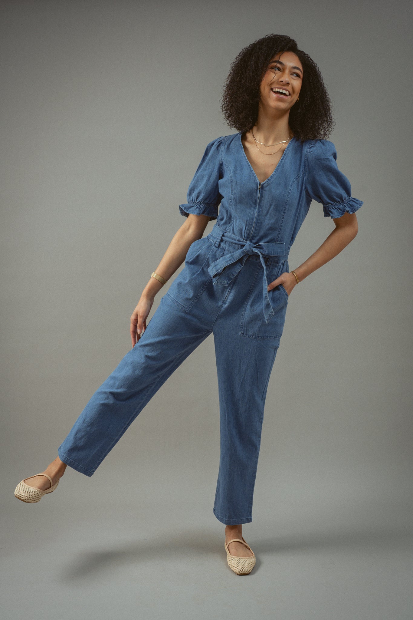 Denim Short Sleeve Jumpsuit
