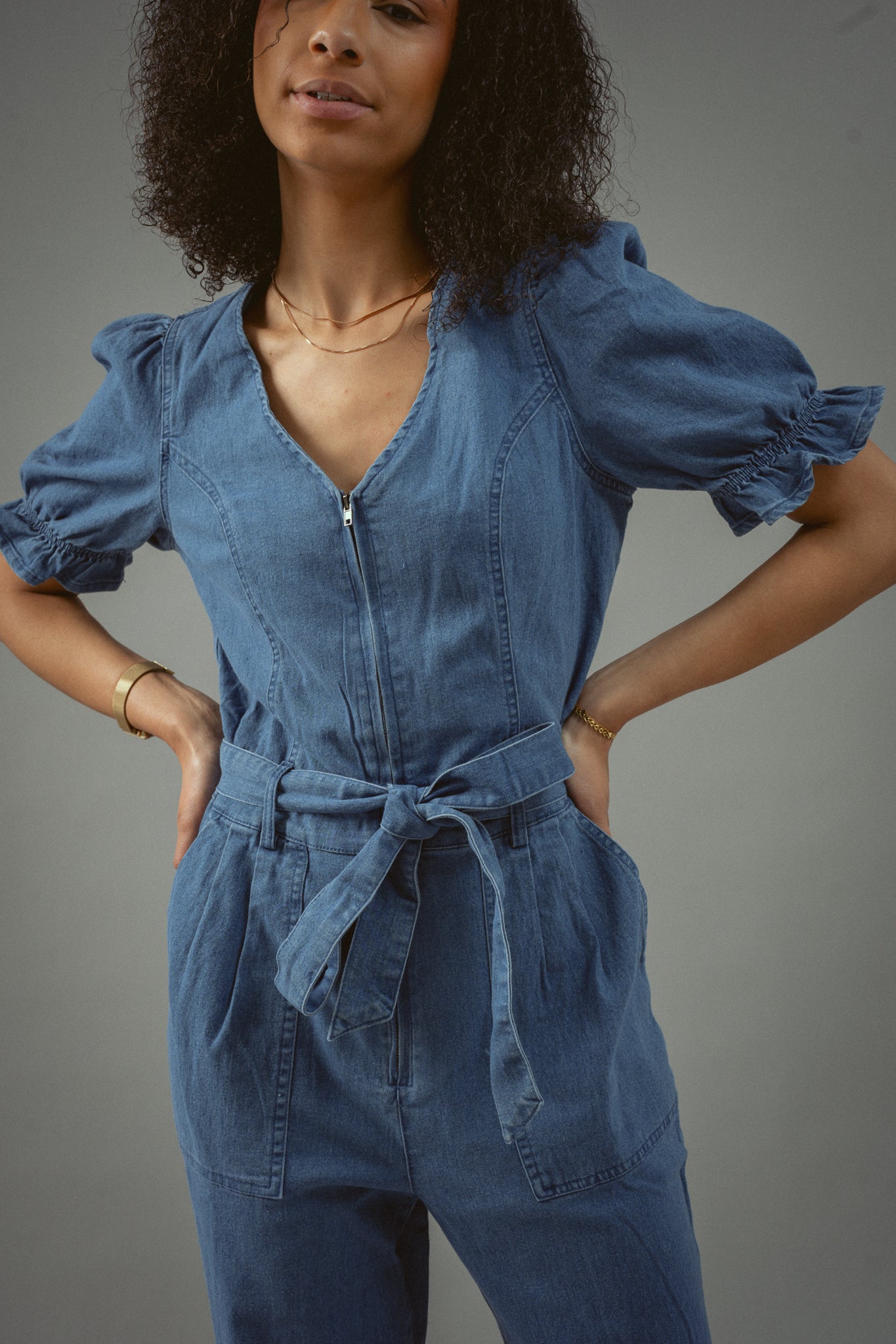 Denim Short Sleeve Jumpsuit
