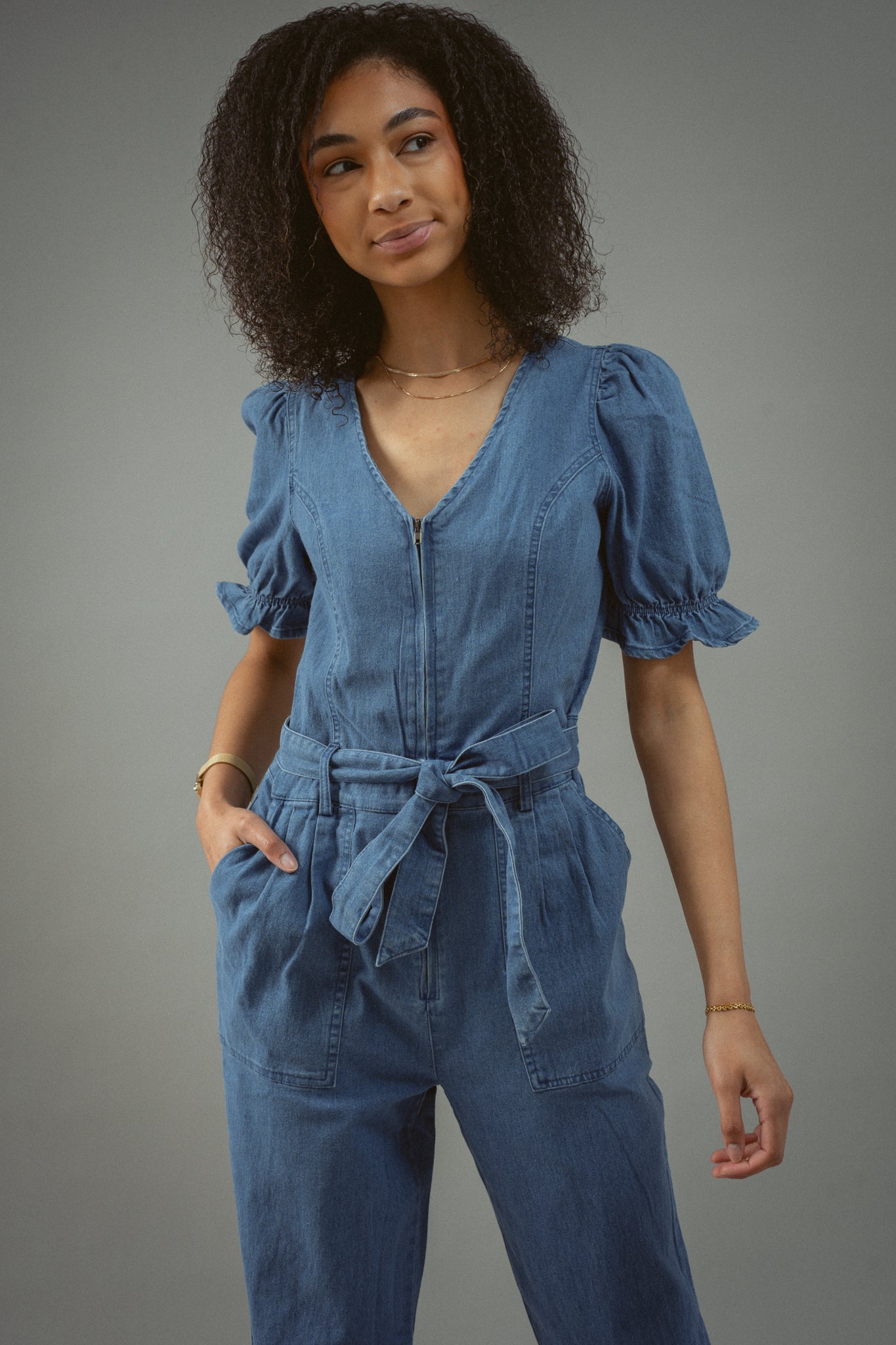 Denim Short Sleeve Jumpsuit