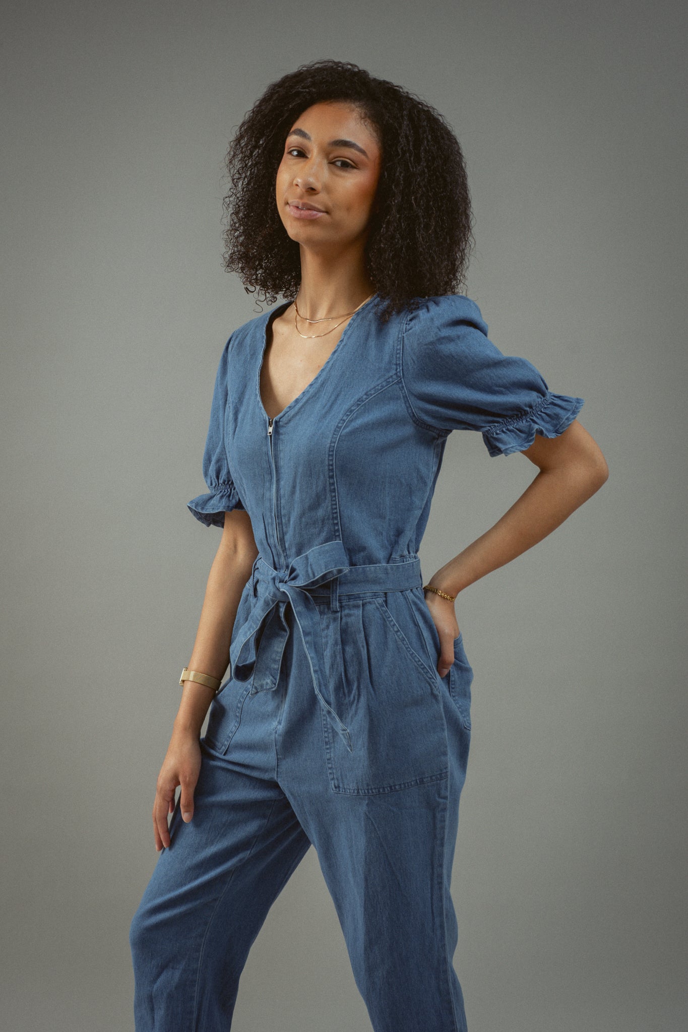Denim Short Sleeve Jumpsuit