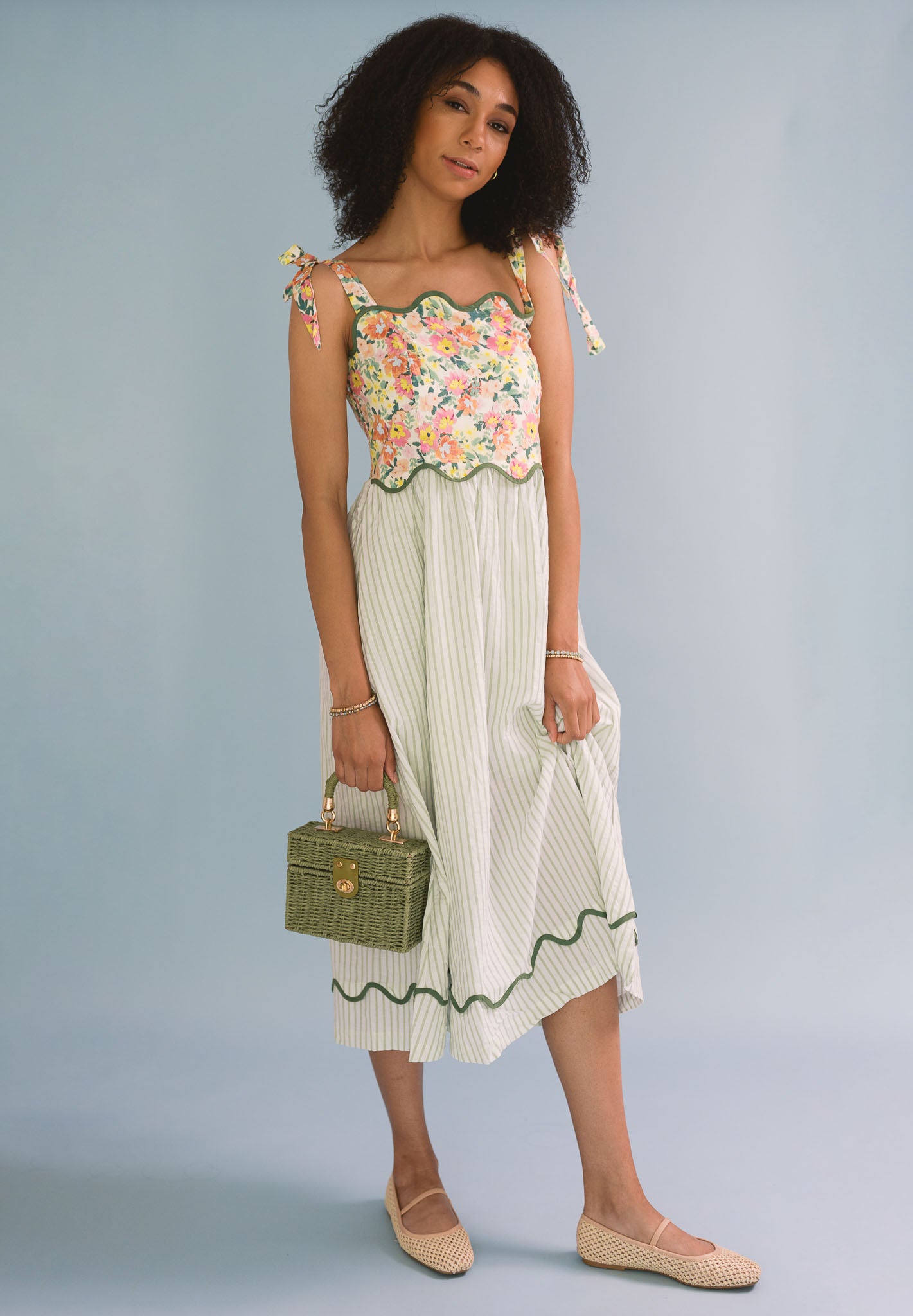 Mixed Print Contrast Scallop Binding Midi Dress