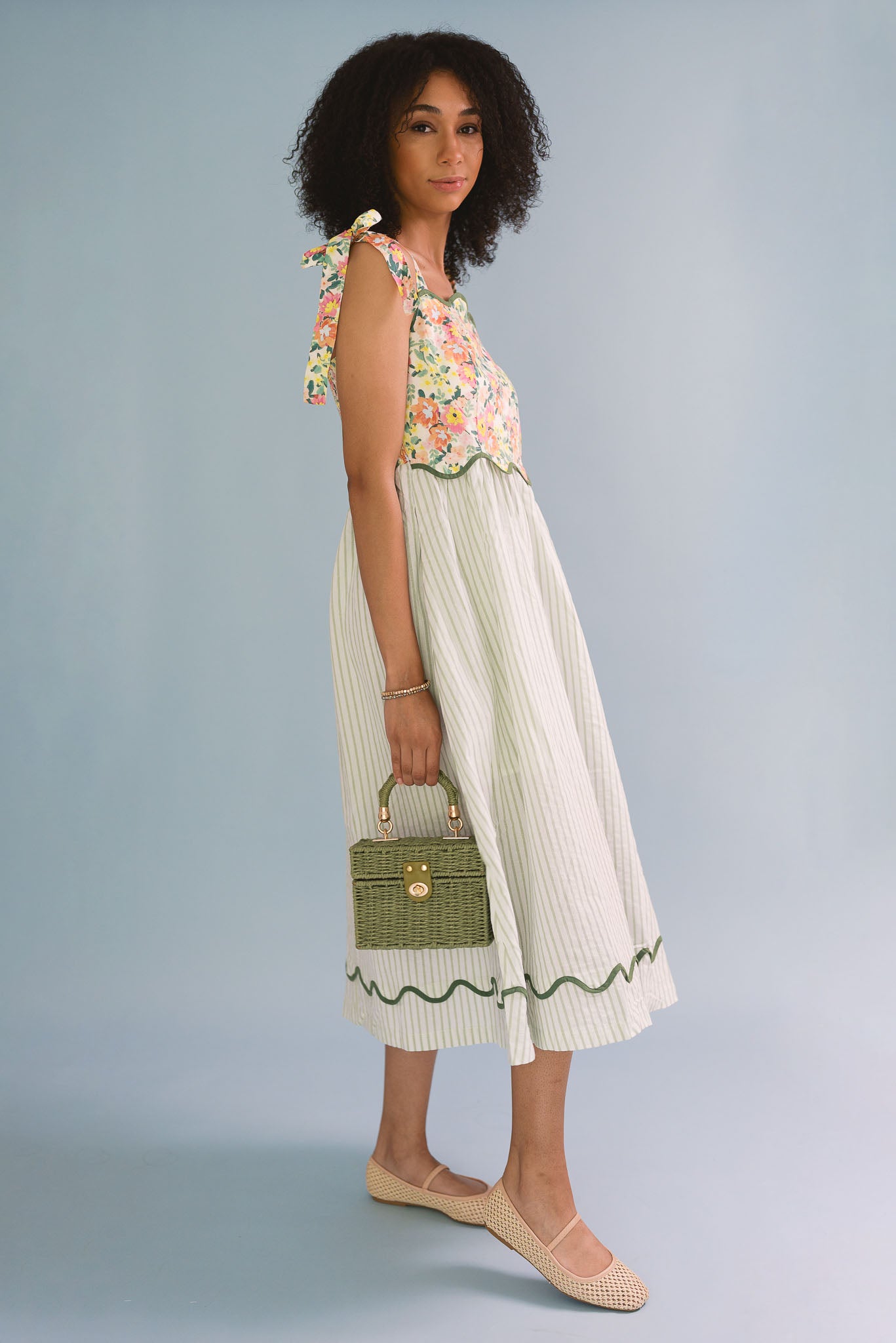 Mixed Print Contrast Scallop Binding Midi Dress
