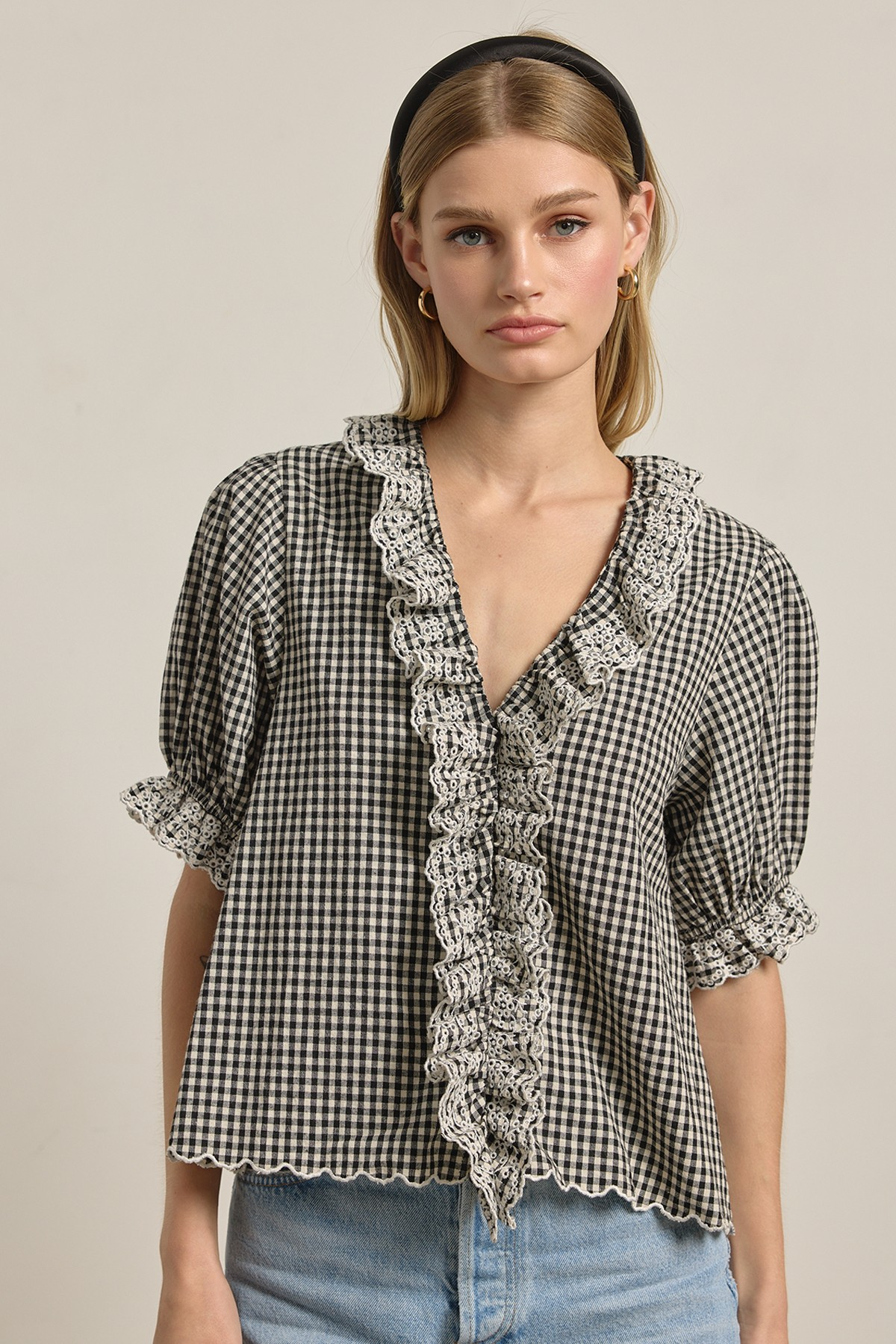 Gingham Lace Ruffle Blouse