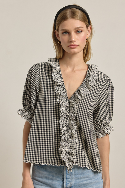 Gingham Lace Ruffle Blouse