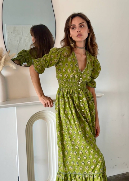 Hand Block Olive Printed Dress