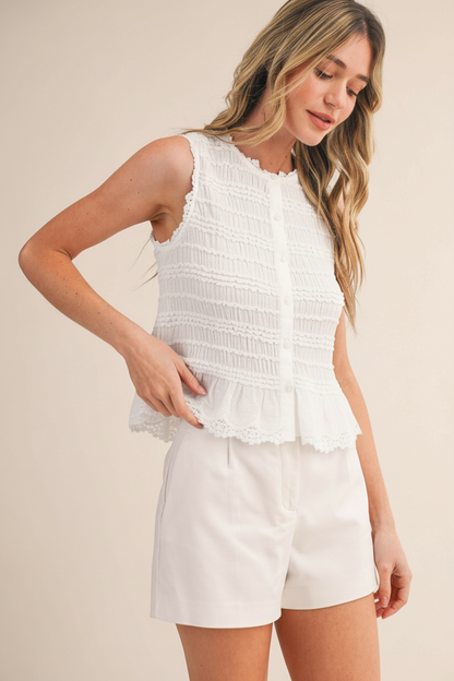 Shirred Button Down Top With Lace Trim