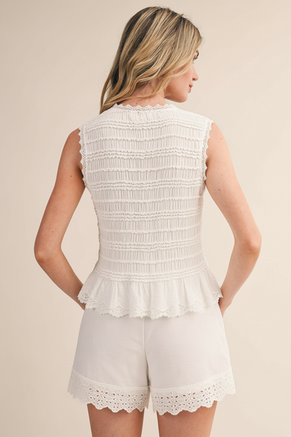 Shirred Button Down Top With Lace Trim