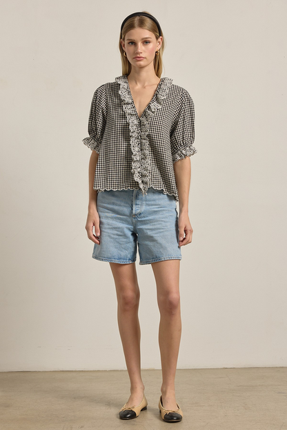 Gingham Lace Ruffle Blouse