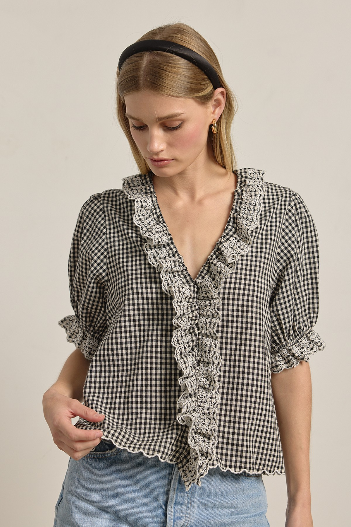 Gingham Lace Ruffle Blouse