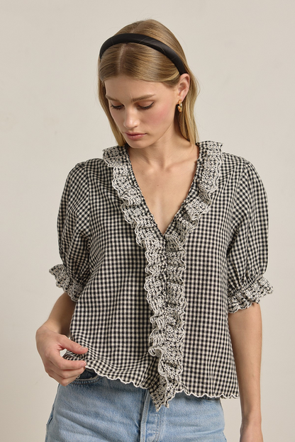 Gingham Lace Ruffle Blouse
