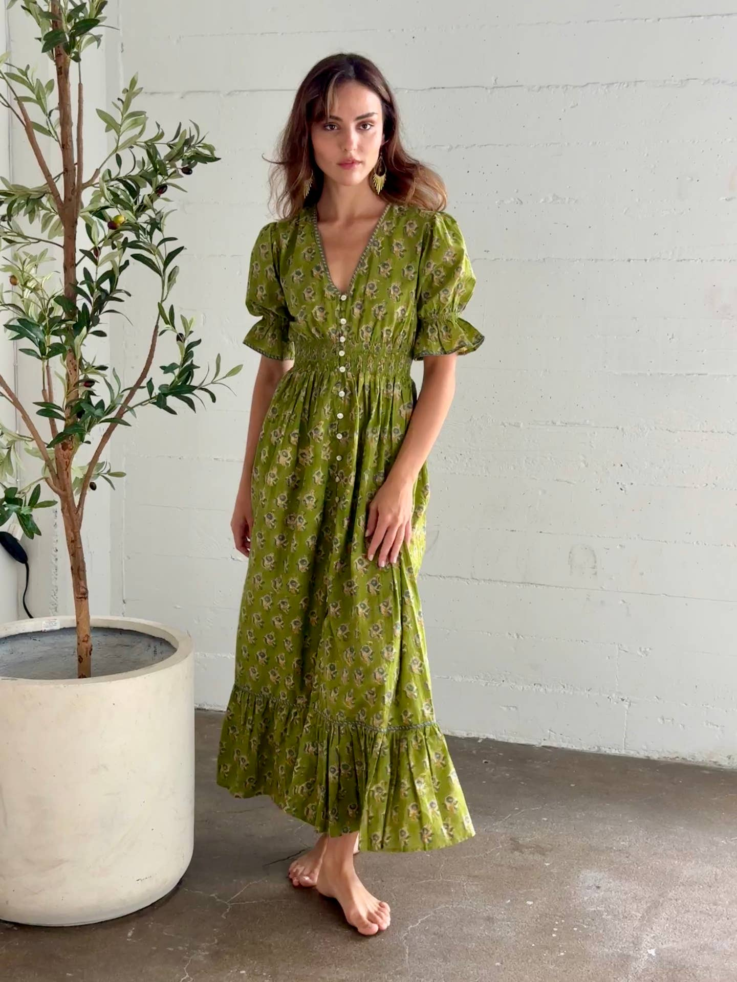 Hand Block Olive Printed Dress