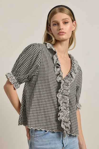 Gingham Lace Ruffle Blouse