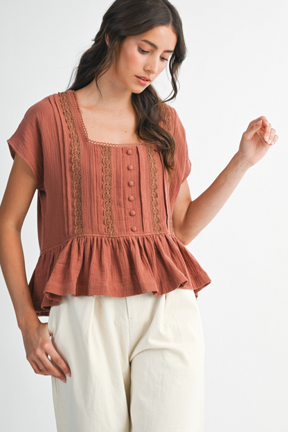 Celia Ruffled Lace-Trim Blouse