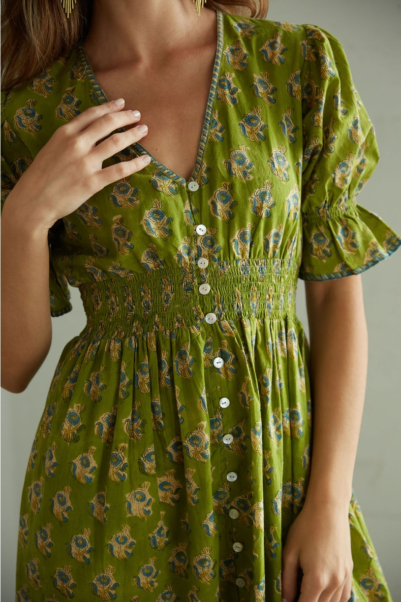 Hand Block Olive Printed Dress