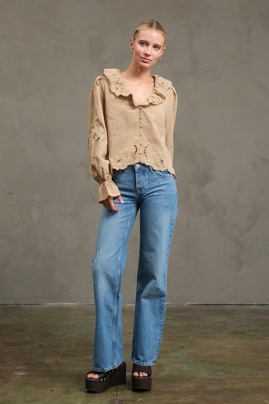 Ruffle Embroidered Checked Blouse