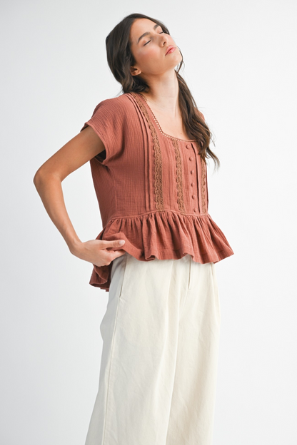 Celia Ruffled Lace-Trim Blouse