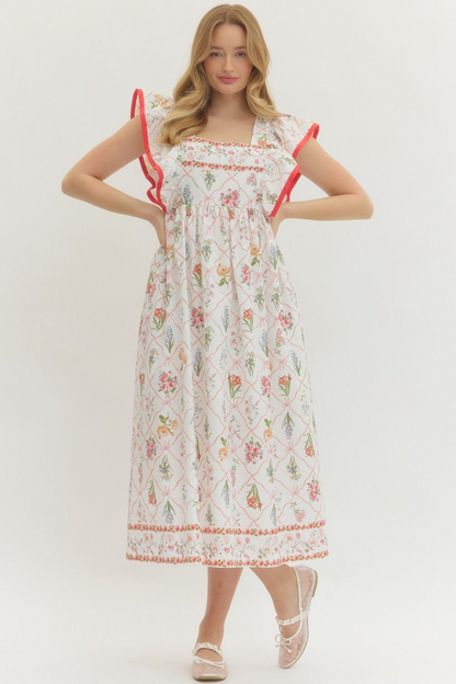 Botanical Print Flutter Sleeve Midi Dress