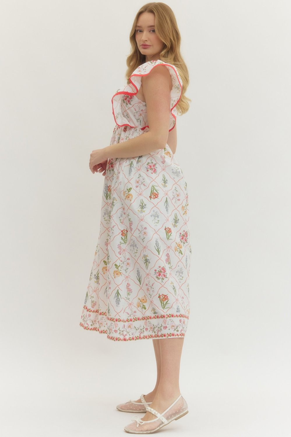 Botanical Print Flutter Sleeve Midi Dress