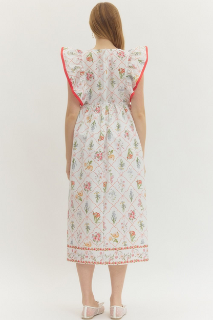 Botanical Print Flutter Sleeve Midi Dress