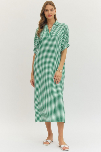 Gingham Check Short Sleeve Midi Dress