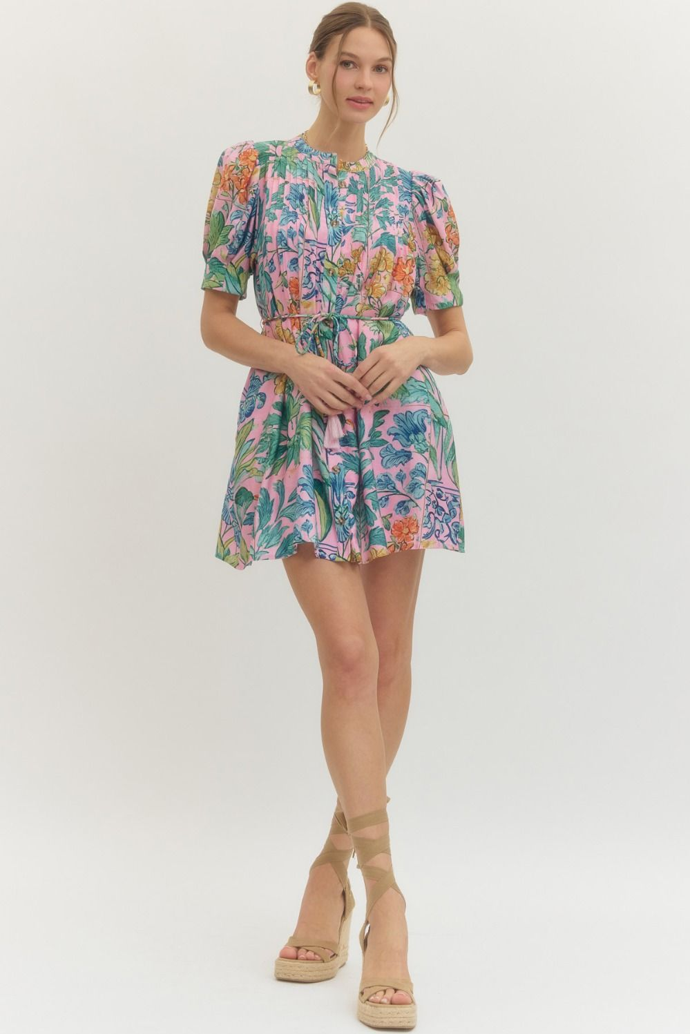 Floral Print Puff Short Sleeve Mini Dress