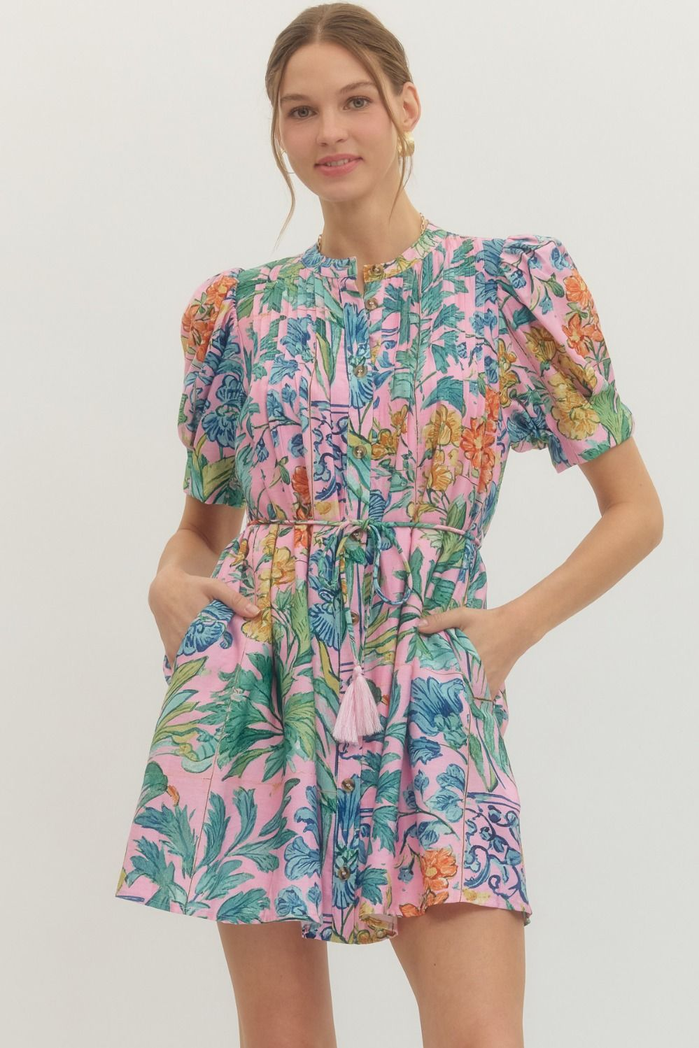 Floral Print Puff Short Sleeve Mini Dress