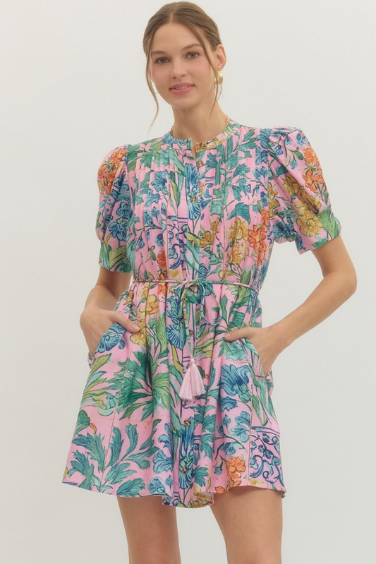 Floral Print Puff Short Sleeve Mini Dress