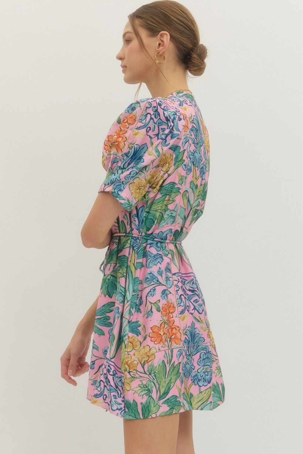 Floral Print Puff Short Sleeve Mini Dress