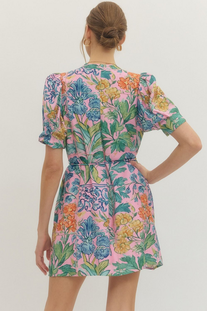 Floral Print Puff Short Sleeve Mini Dress