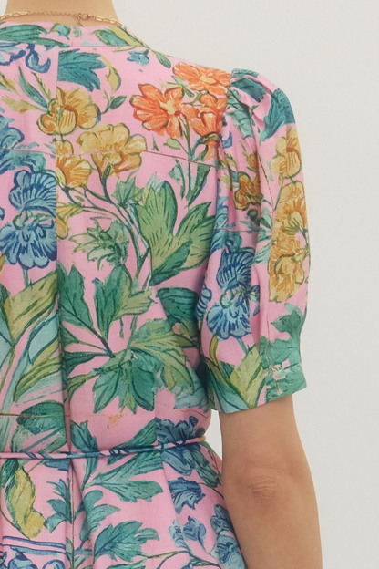 Floral Print Puff Short Sleeve Mini Dress