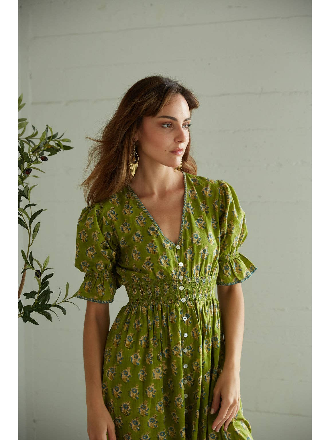 Hand Block Olive Printed Dress