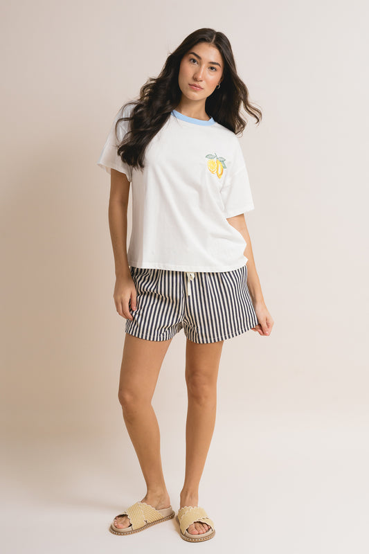 Lemon Embroidery Contrast Neck Band T-shirt